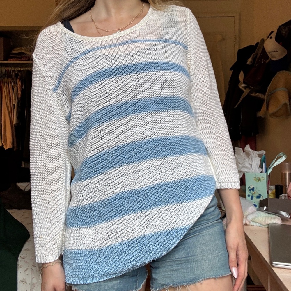 Calvin Klein Blue and White Crew Neck Sweater